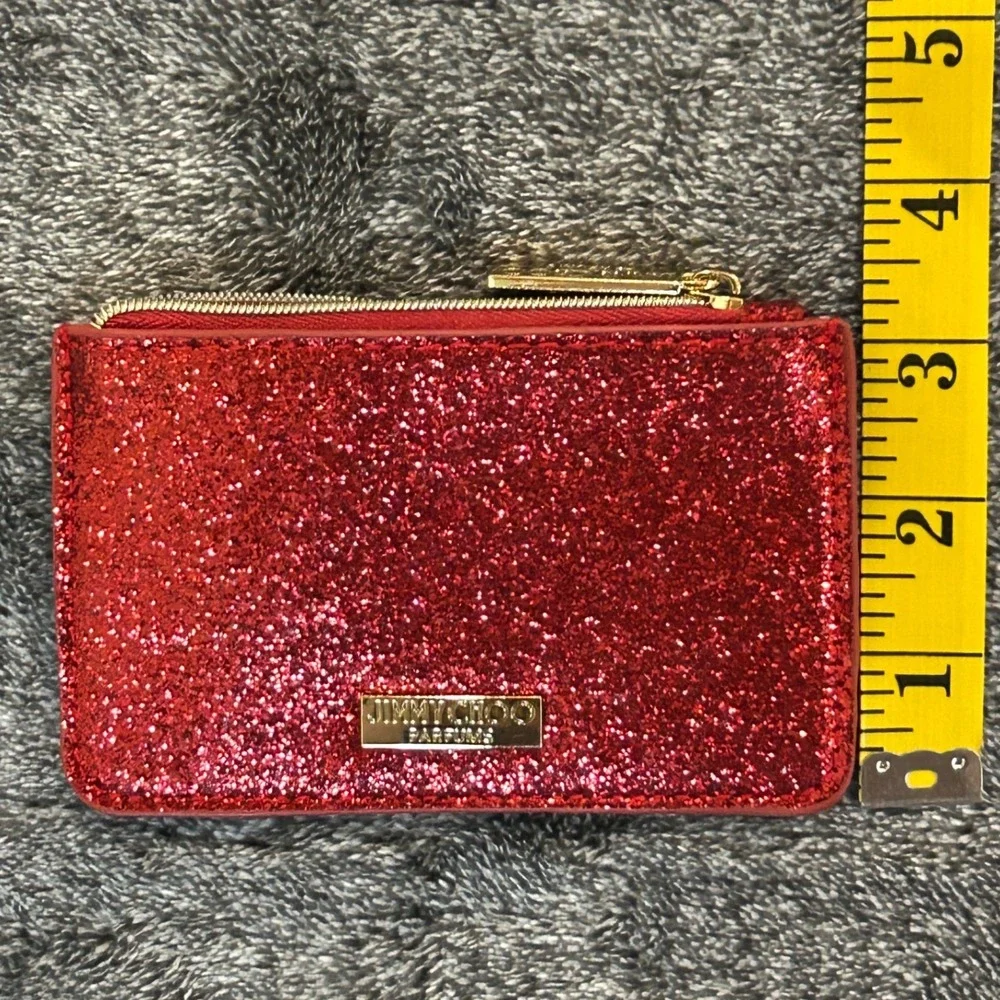 Jimmy Choo Parfums Red Glitter Zip Coin Purse Card Holder Gold Tone Logo Pouch